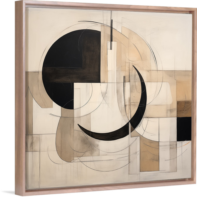 Cuadro abstracto decorativo en lienzo con formas geométricas curvas y rectas en negro, beige y blanco
