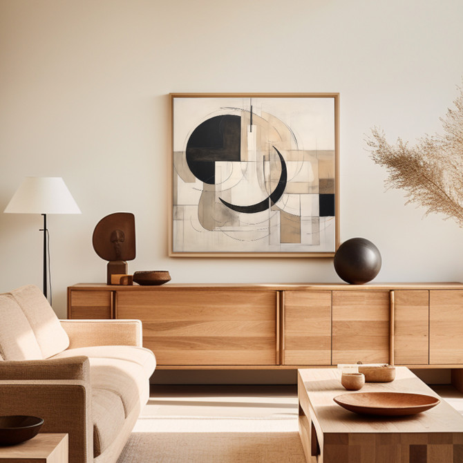 Cuadro abstracto decorativo en lienzo con formas geométricas curvas y rectas en negro, beige y blanco