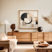 Cuadro abstracto decorativo en lienzo con formas geométricas curvas y rectas en negro, beige y blanco