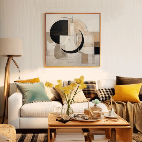 Cuadro abstracto decorativo en lienzo con formas geométricas curvas y rectas en negro, beige y blanco