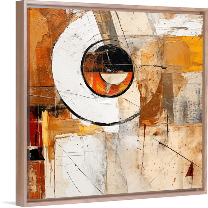 Cuadro abstracto con círculo blanco y centro naranja con carácter cálido