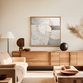 Cuadro abstracto en tonos blancos, beige y grises con formas geométricas suaves