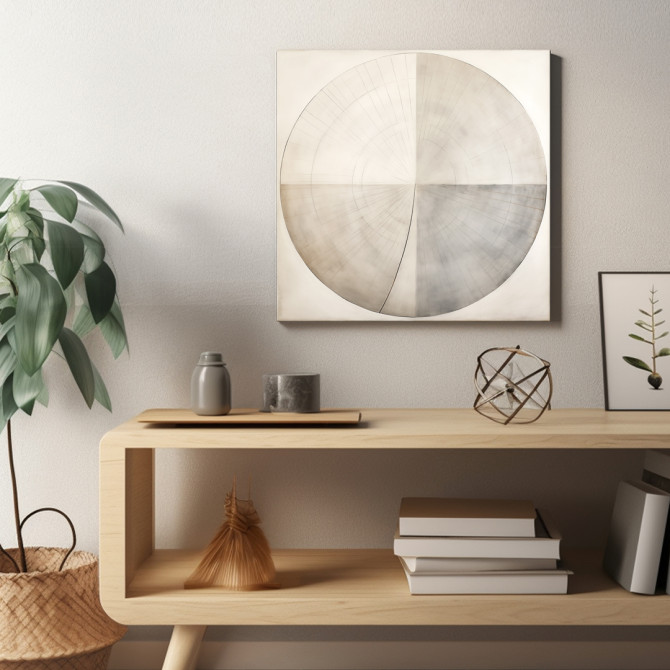 Cuadro abstracto minimalista circular en tonos neutros beige y gris – diseño geométrico