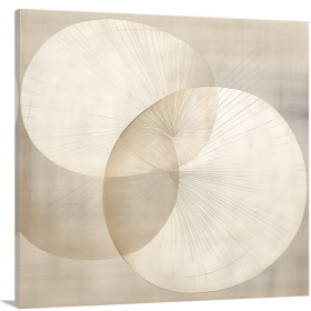 Cuadro abstracto cuadrado con formas curvas y líneas radiales en beige claro