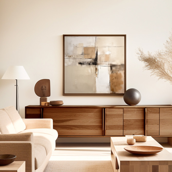 Cuadro abstracto moderno en tonos beige y blanco – diseño minimalista para decoración elegante