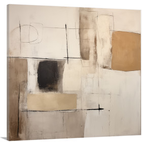 Cuadro abstracto con formas geométricas en beige, negro y blanco roto