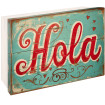 Tapa contador estilo vintage con la palabra Hola en letras rojas sobre fondo azul turquesa- Cuadrostock