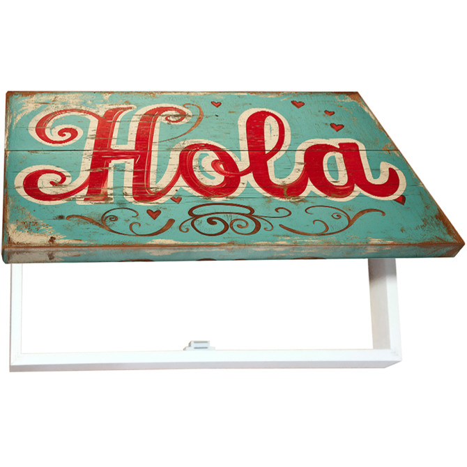 Tapa contador estilo vintage con la palabra Hola en letras rojas sobre fondo azul turquesa- Cuadrostock