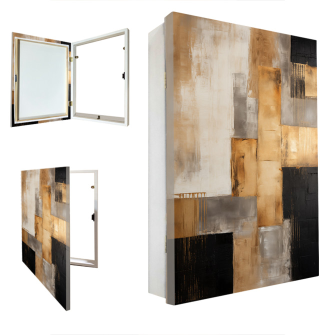 Cubre contador decorativo en tonos neutros con marco negro.