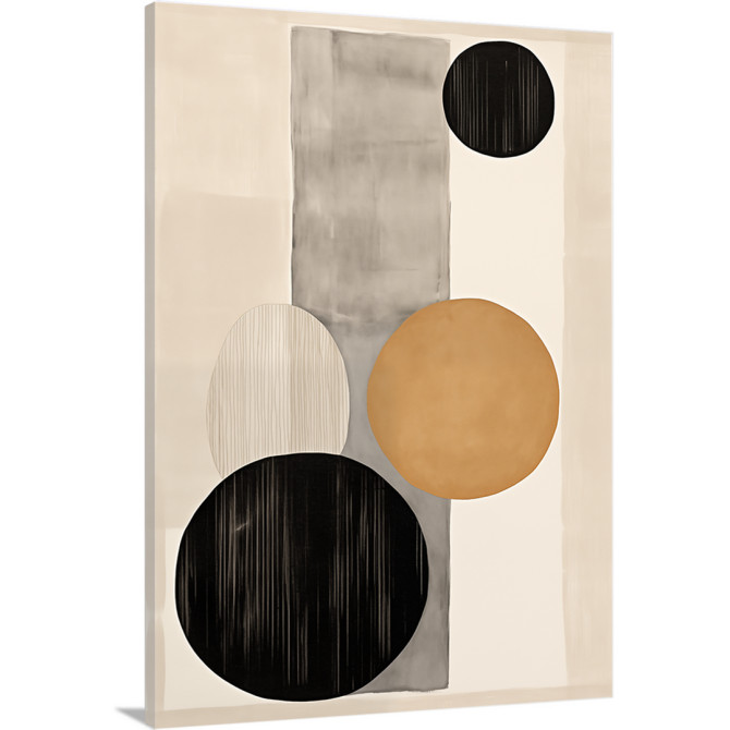 Cuadro abstracto vertical con círculos y formas geométricas en tonos neutros y cálidos