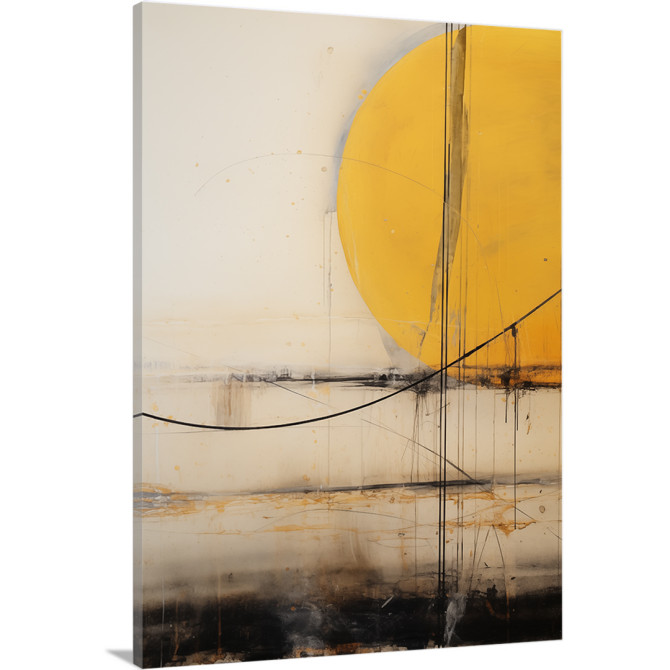 Cuadro decorativo vertical con semicírculo amarillo, líneas negras y fondo neutro beige Cuadro decorativo vertical con semicírculo amarillo, líneas negras y fondo neutro beige