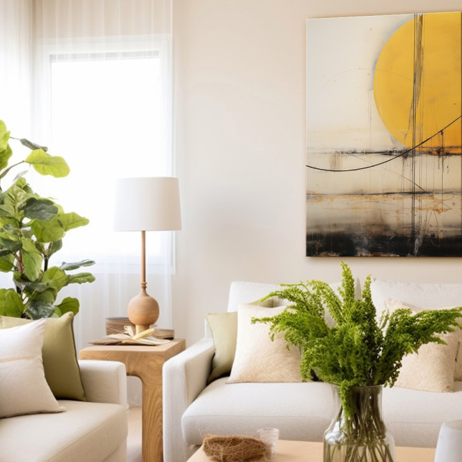 Cuadro decorativo vertical con semicírculo amarillo, líneas negras y fondo neutro beige