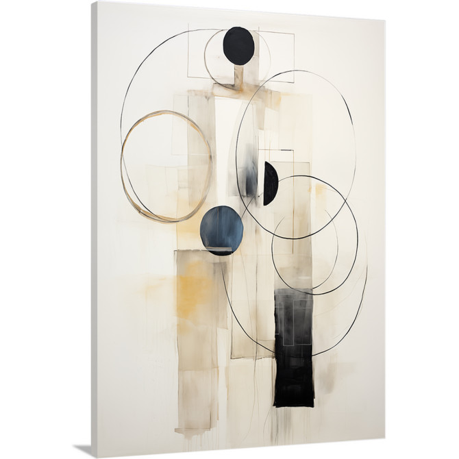 Cuadro decorativo abstracto con formas circulares en tonos beige, negro y azul sobre fondo claro Cuadro decorativo abstracto con formas circulares en tonos beige, negro y azul sobre fondo claro