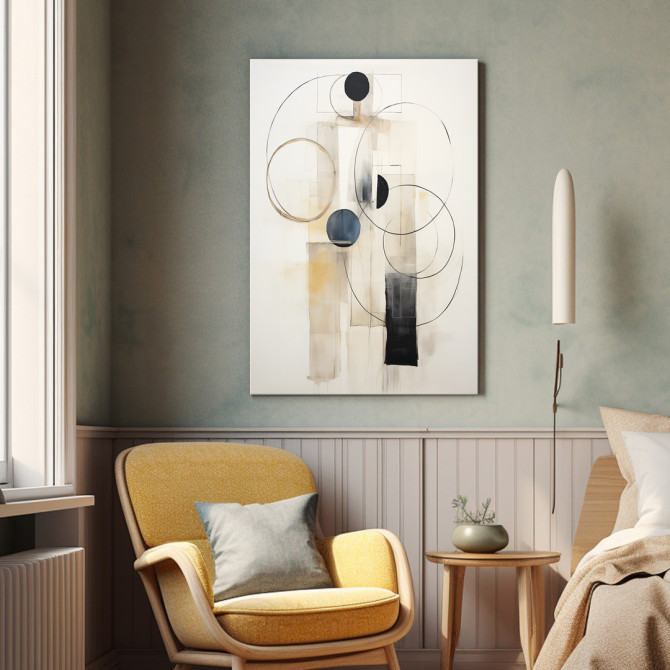 Cuadro decorativo abstracto con formas circulares en tonos beige, negro y azul sobre fondo claro