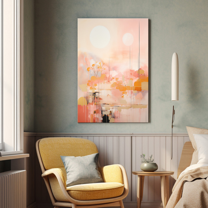 Cuadro abstracto en tonos rosas y melocotón con formas etéreas – decoración vertical moderna