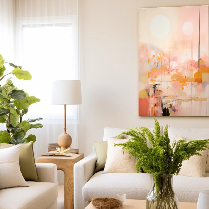 Cuadro abstracto en tonos rosas y melocotón con formas etéreas – decoración vertical moderna