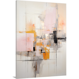 Cuadro moderno vertical con formas abstractas en tonos rosa, mostaza, negro y gris