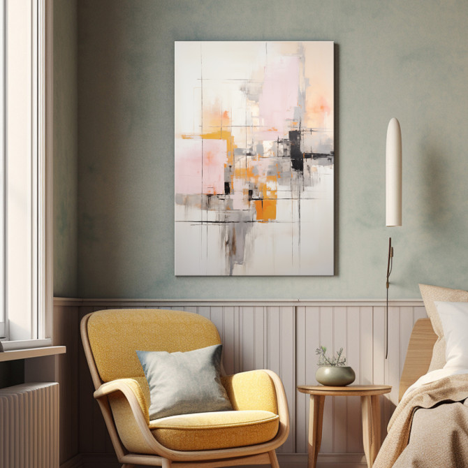 Cuadro moderno vertical con formas abstractas en tonos rosa, mostaza, negro y gris