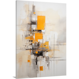 Cuadro vertical abstracto con bloques geométricos en naranja, gris y blanco sobre fondo neutro