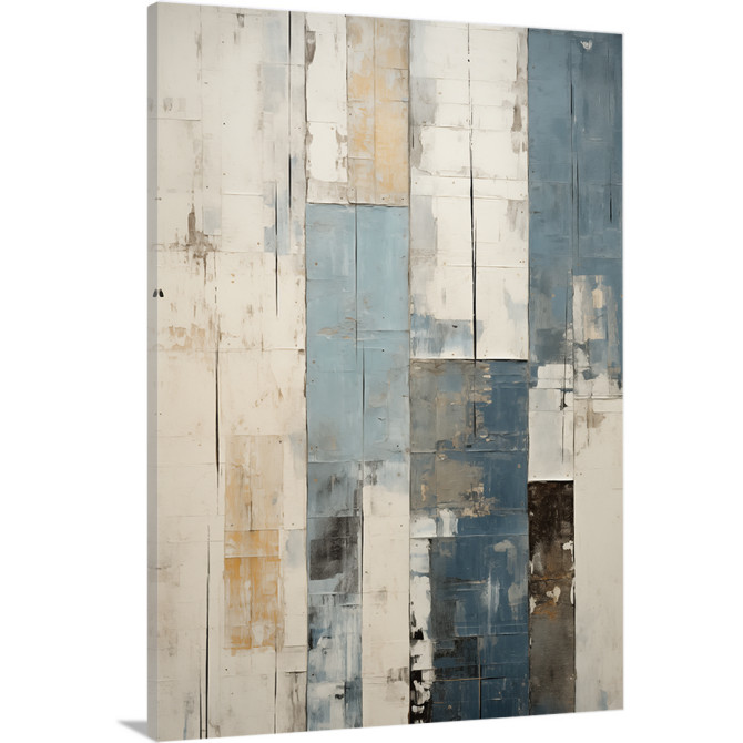 Cuadro abstracto vertical con bloques rectangulares en blanco, azul, beige y gris Cuadro abstracto vertical con bloques rectangulares en blanco, azul, beige y gris