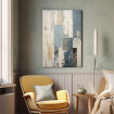 Cuadro abstracto vertical con bloques rectangulares en blanco, azul, beige y gris