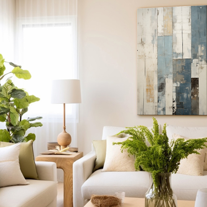 Cuadro abstracto vertical con bloques rectangulares en blanco, azul, beige y gris