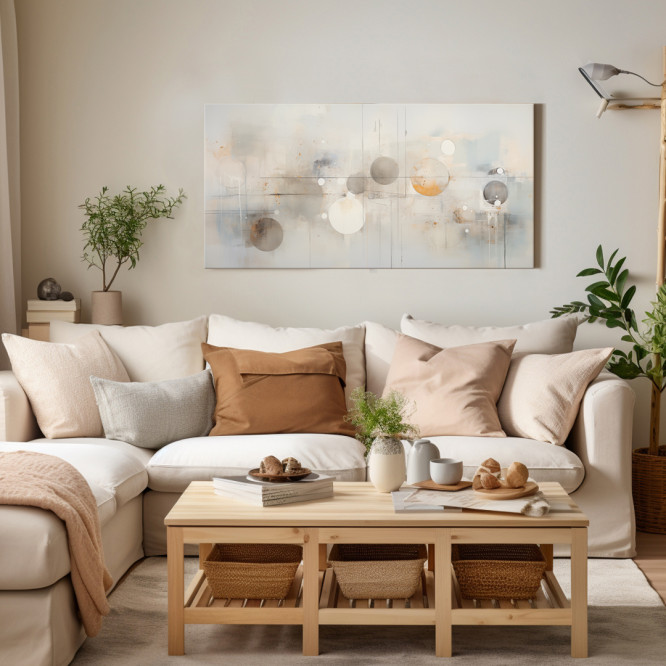 Cuadro abstracto con círculos difuminados en tonos beige, gris y blanco – Estilo moderno
