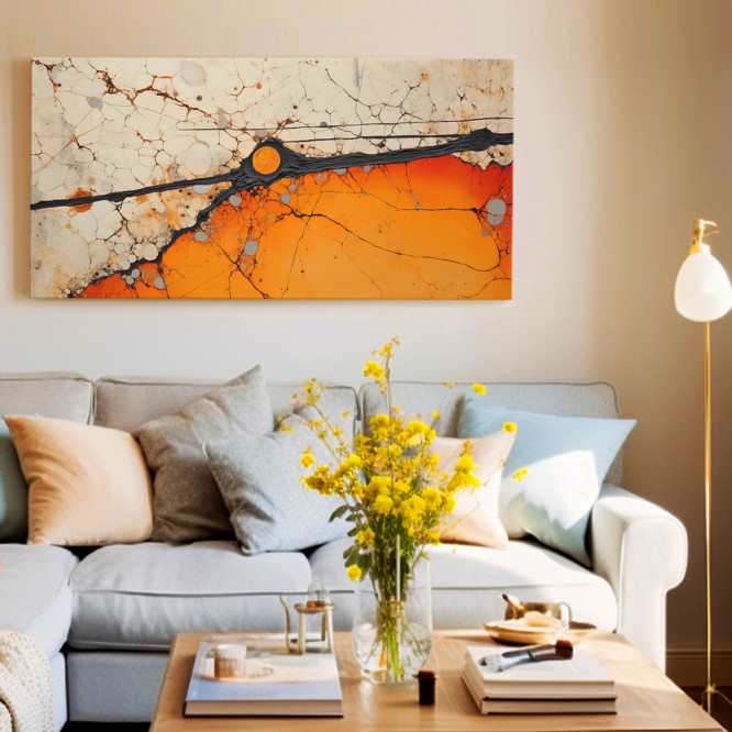 Cuadros abstracto moderno que combina tonos tierras con fuertes colores anarajandos