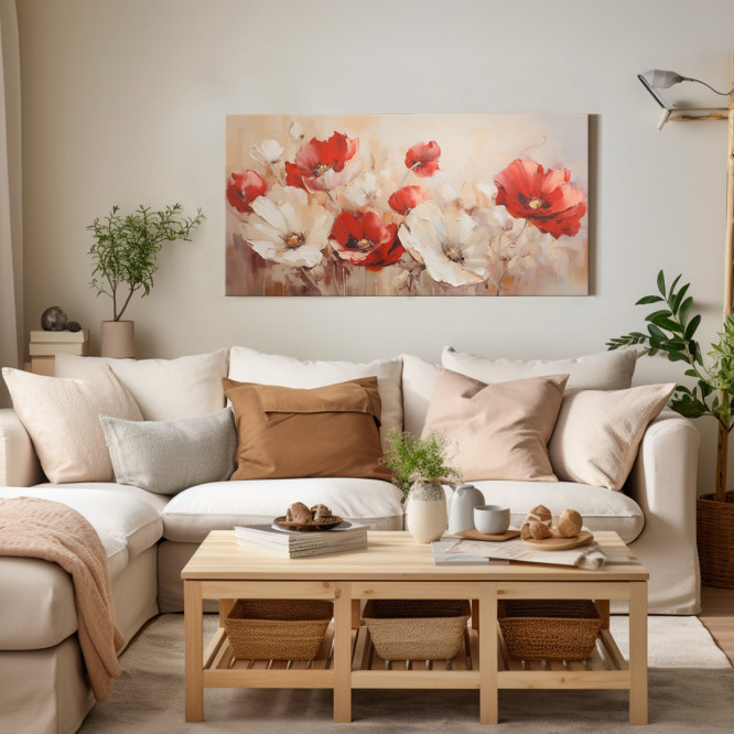Cuadro decorativo con amapolas en tonos rojos y blancos sobre fondo cálido- Cuadrostock