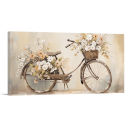Cuadro decorativo con bicicleta vintage y flores en tonos beige y pastel-Cuadrostock