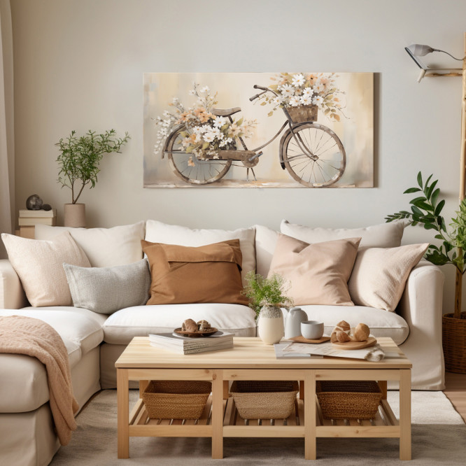 Cuadro decorativo con bicicleta vintage y flores en tonos beige y pastel-Cuadrostock
