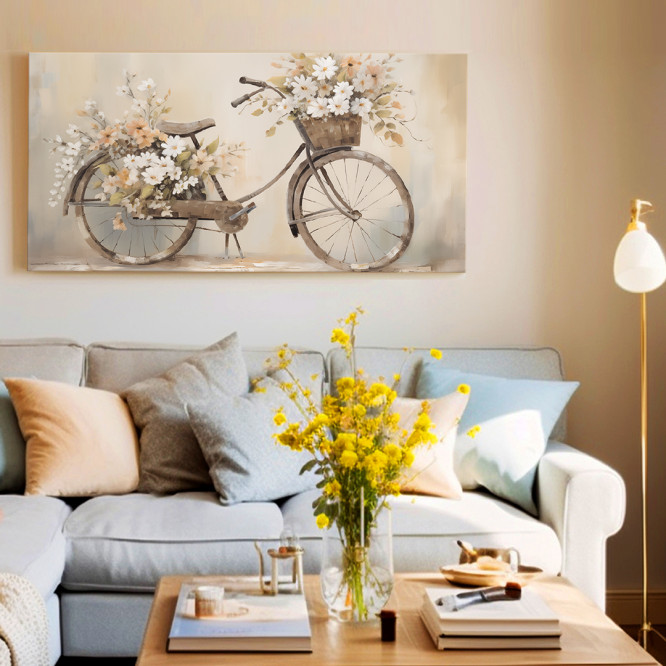 Cuadro decorativo con bicicleta vintage y flores en tonos beige y pastel-Cuadrostock