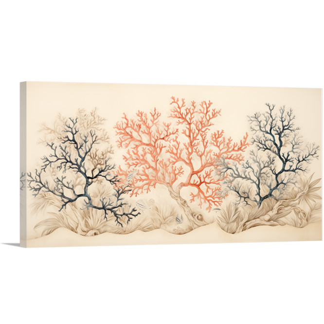 Cuadro decorativo con ilustración de corales en tonos azul y rojo sobre fondo neutro-Cuadrostock