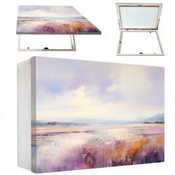 Tapa contador de paisaje abstracto con tonos lavanda, violetas y naranjas al amanecer- Cuadrostock