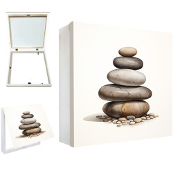 Tapa contador decorativo con piedras zen apiladas sobre fondo blanco minimalista- Cuadrostock