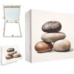 Tapa contador decorativo con piedras zen apiladas sobre fondo blanco minimalista- Cuadrostock