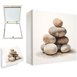 Tapa contador decorativo con piedras zen apiladas sobre fondo blanco minimalista- Cuadrostock