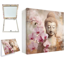 Tapa contador zen con buda y orquídeas rosas ideal para recibidores, pasillos o centros de yoga