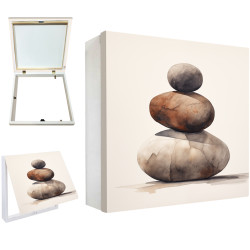 Tapa contador decorativo con piedras zen apiladas sobre fondo blanco minimalista- Cuadrostock