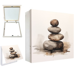 Tapa contador decorativo con piedras zen apiladas sobre fondo blanco minimalista- Cuadrostock
