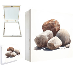 Tapa contador decorativo con piedras zen apiladas sobre fondo blanco minimalista- Cuadrostock