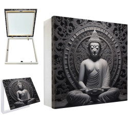 Tapa contador decorativo con imagen de Buda sentado en posición de meditación sobre fondo mandala en tonos oscuros- Cuadrostock