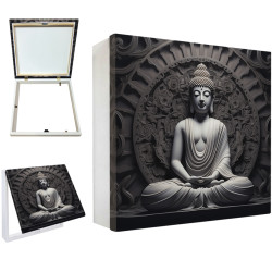 Tapa contador decorativo con imagen de Buda sentado en posición de meditación sobre fondo mandala en tonos oscuros- Cuadrostock