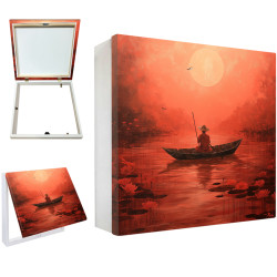 Tapa contador con pescador oriental en barca, paisaje rojo al atardecer- Cuadrostock