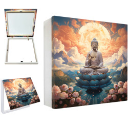 Tapa contador decorativo con imagen de Buda en flor de loto azul y cielo celestial con montañas- Cuadrostock