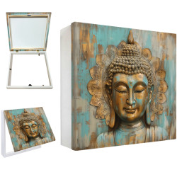 Tapa contador decorativo con imagen de Buda dorado sobre fondo turquesa - Cuadrostock