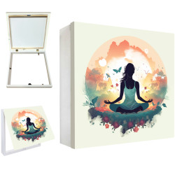 Tapa contador decorativo con mujer meditando y mariposas en tonos pastel- Cuadrostock