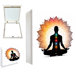 Tapa contador decorativo con figura meditativa y chakras en mandala naranja- Cuadrostock