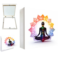 Tapa contador decorativo con figura meditativa y colores de chakras en fondo blanco- Cuadrostock