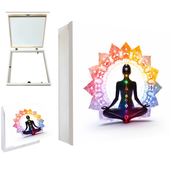 Tapa contador decorativo con figura meditativa y colores de chakras en fondo blanco- Cuadrostock